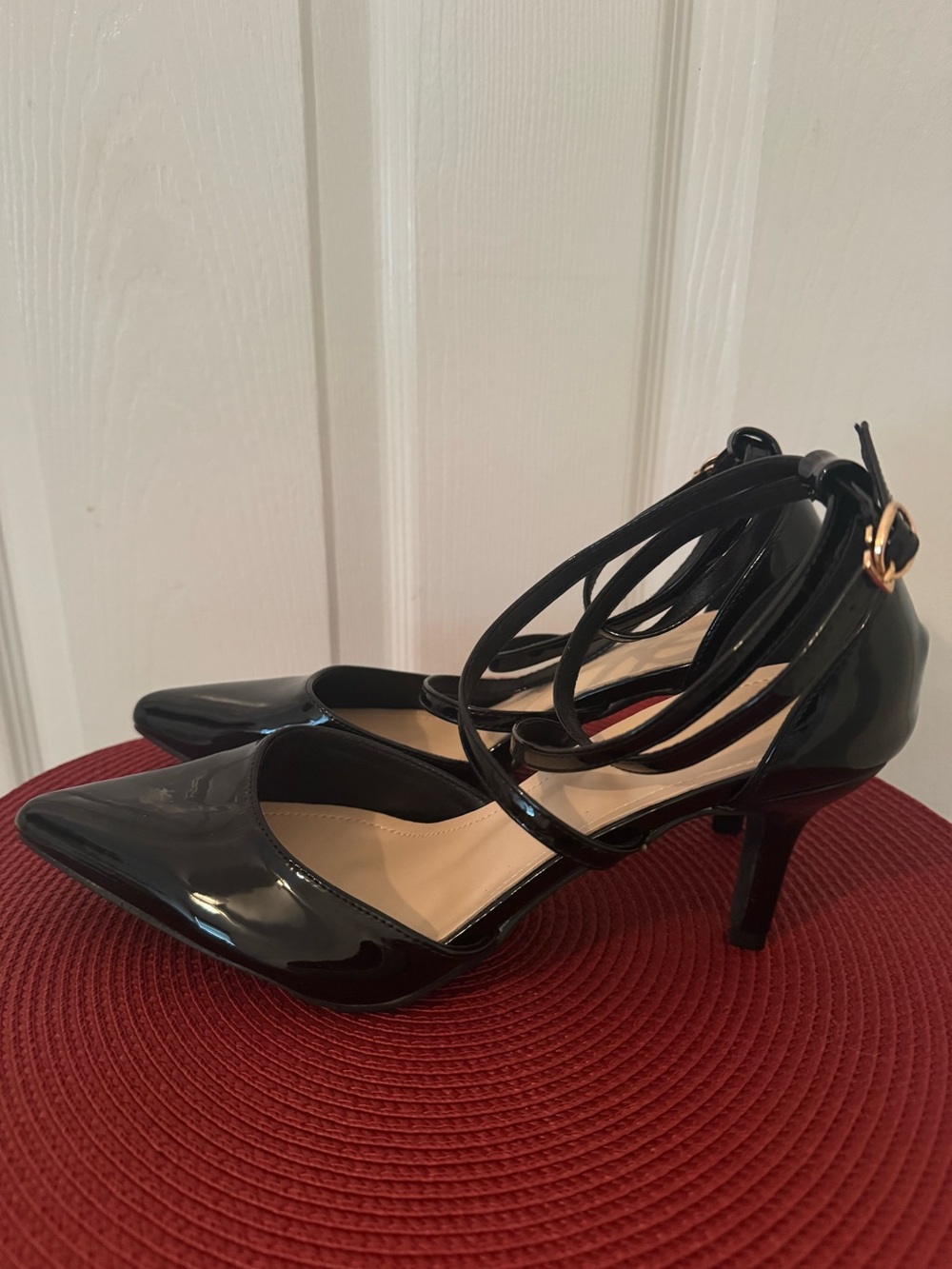 Black Patent Pointed-Toe Ankle-Strap Heels